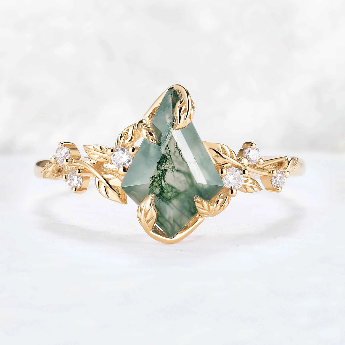 Nature Inspired Leaf Intertwined Design Moss Agate Ring