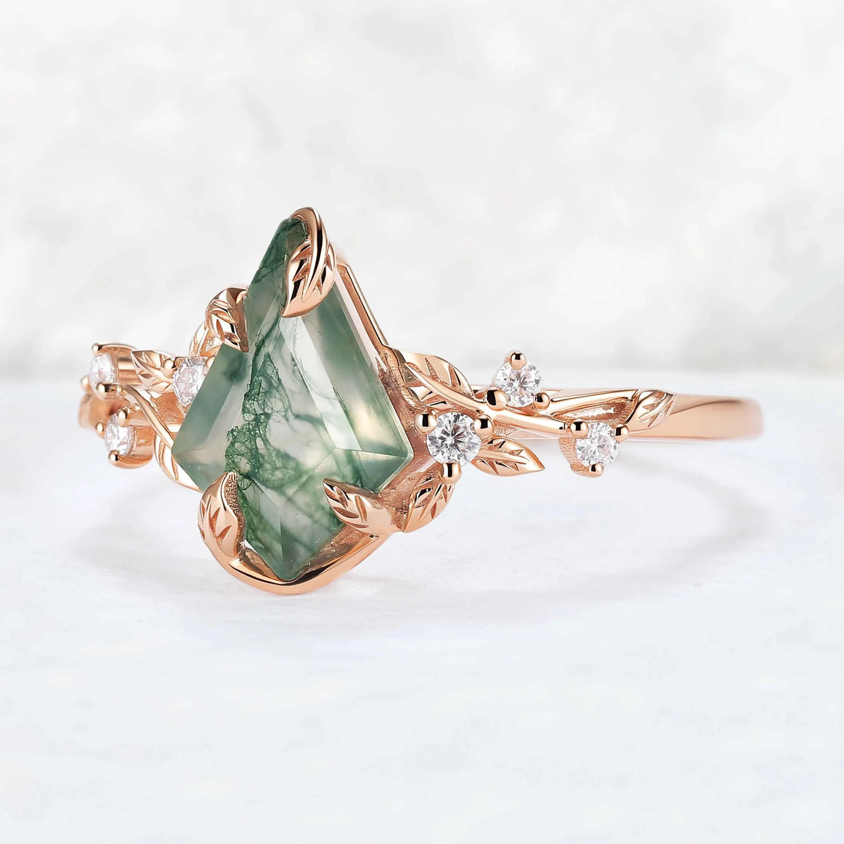 Nature Inspired Leaf Intertwined Design Moss Agate Ring