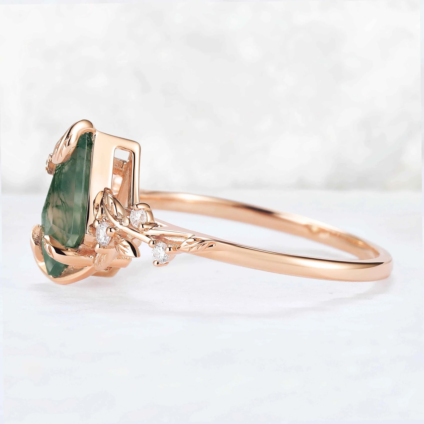 Nature Inspired Leaf Intertwined Design Moss Agate Ring
