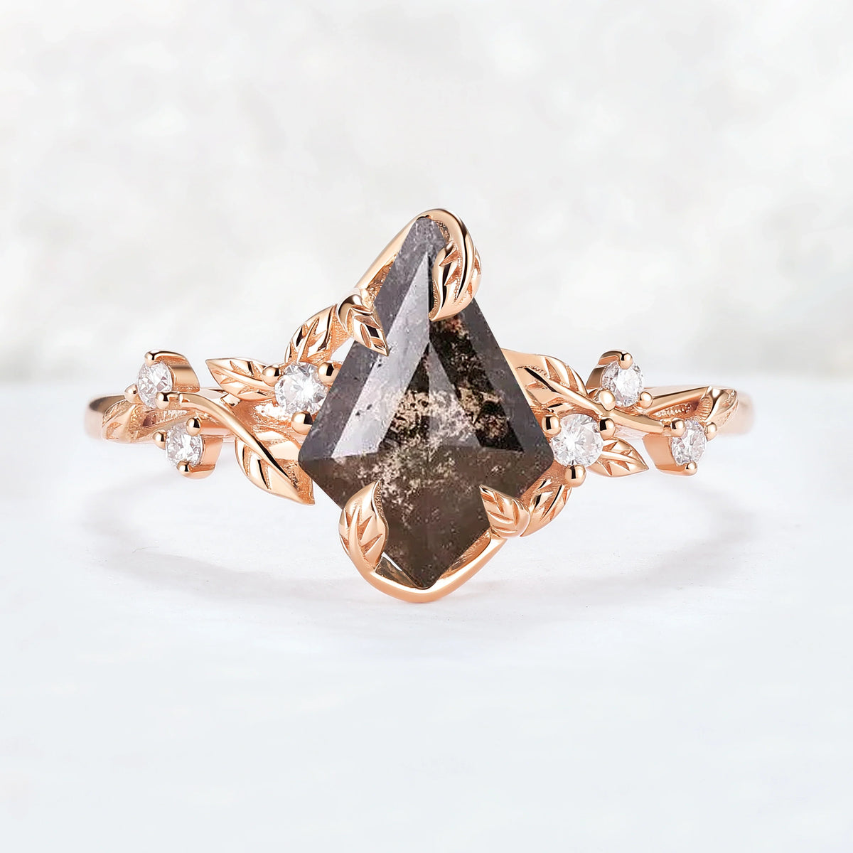 Nature Inspired Leaf Intertwined Design Salt and Pepper Crystal Ring