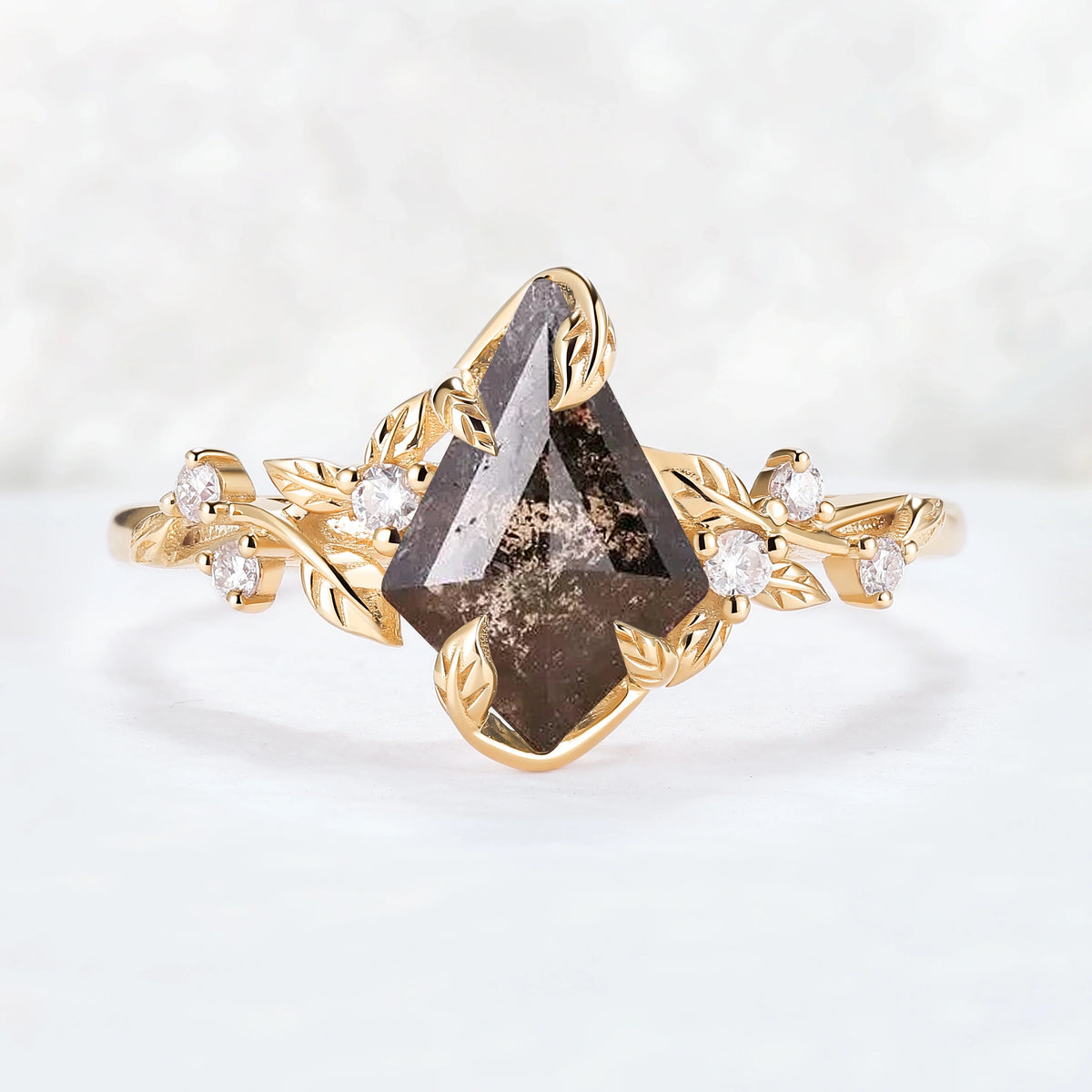 Nature Inspired Leaf Intertwined Design Salt and Pepper Crystal Ring