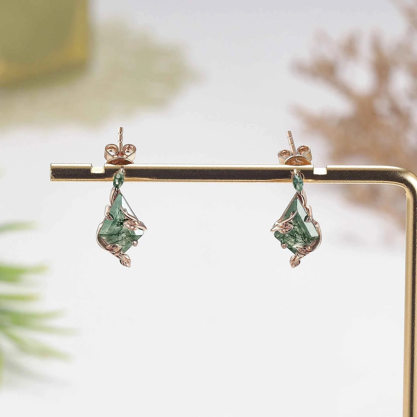 Nature Inspired Leafy Kite Cut Moss Agate Earrings Anniversary Gift for Her