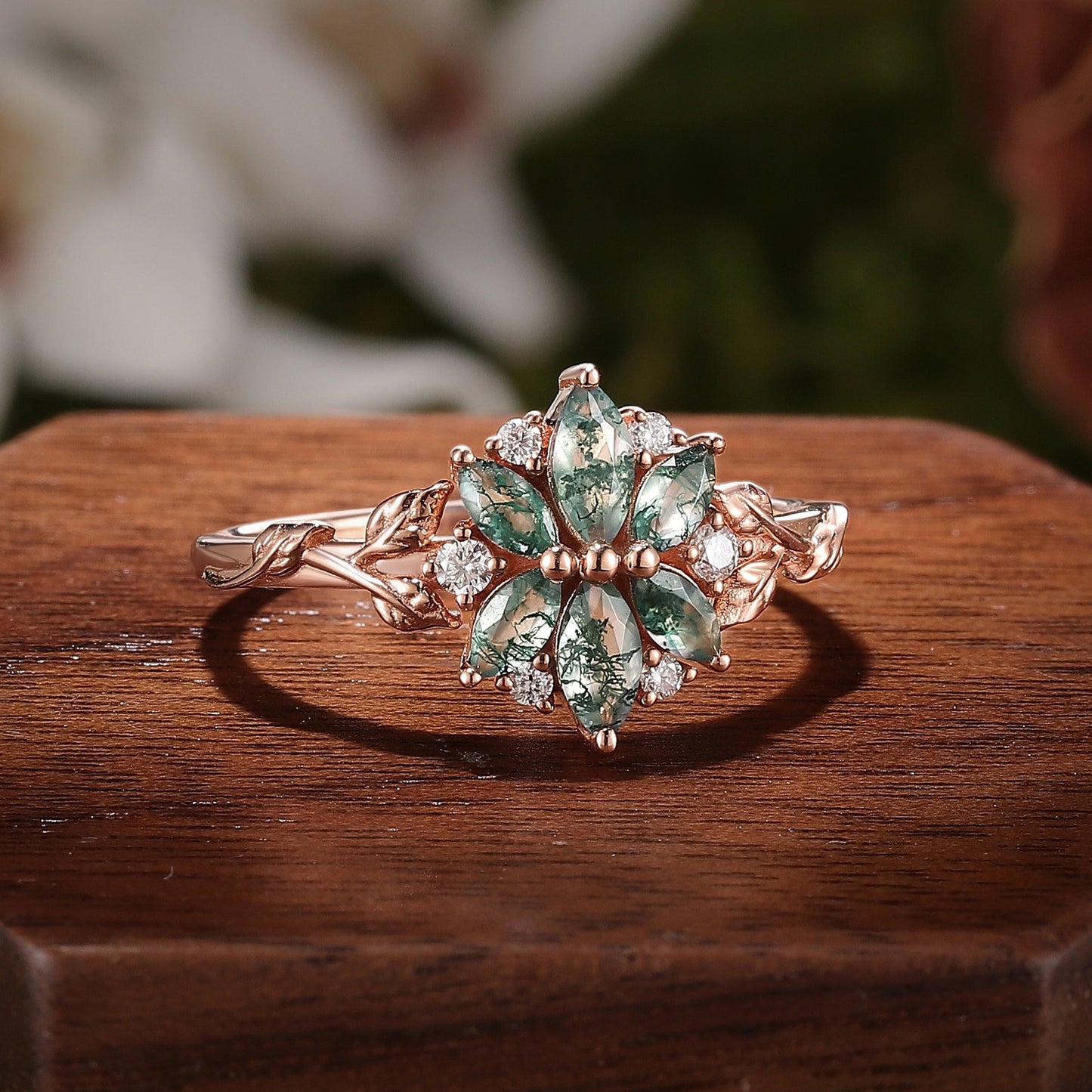 Nature Inspired Marquise Moss Agate Ring with Moissanite and Floral Leaf Design