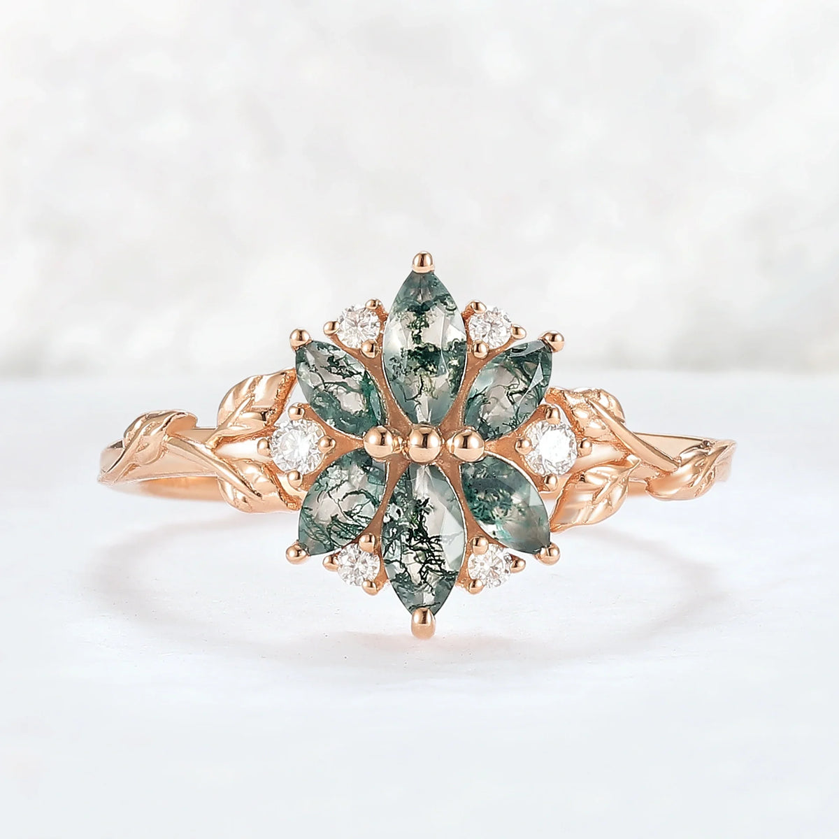 Nature Inspired Marquise Moss Agate Ring with Moissanite and Floral Leaf Design