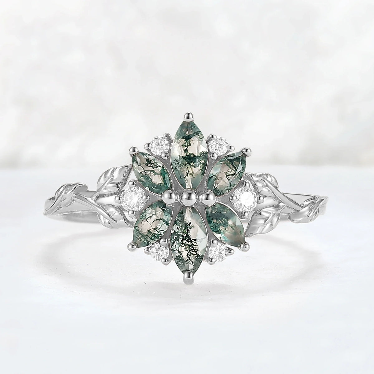 Nature Inspired Marquise Moss Agate Ring with Moissanite and Floral Leaf Design