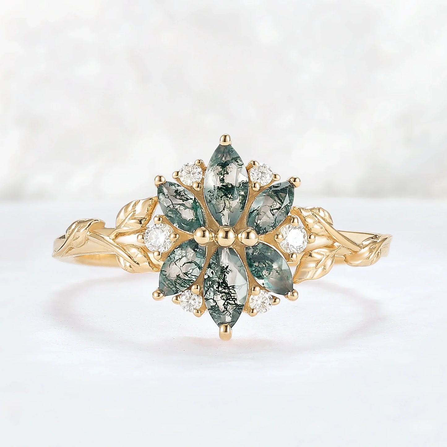 Nature Inspired Marquise Moss Agate Ring with Moissanite and Floral Leaf Design