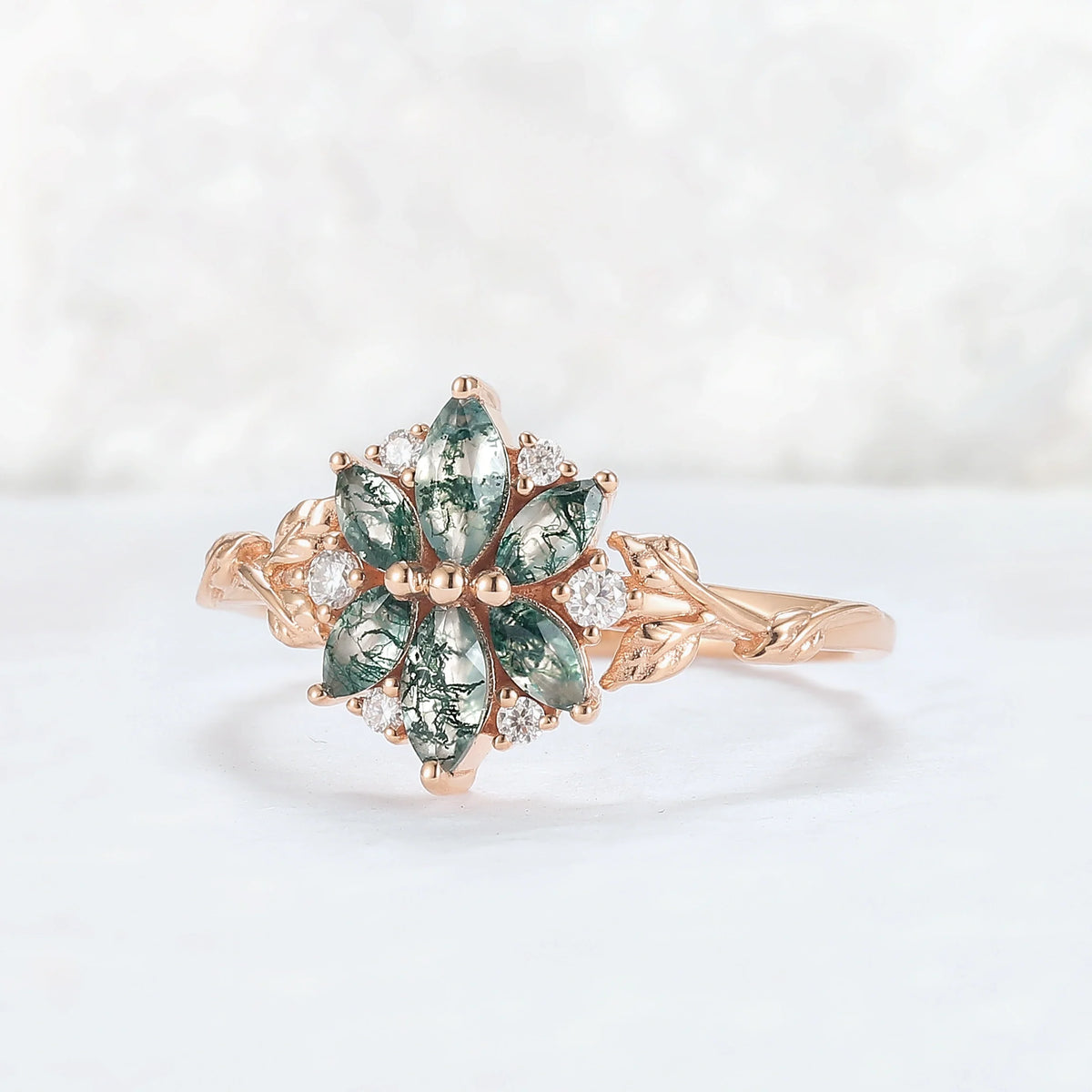 Nature Inspired Marquise Moss Agate Ring with Moissanite and Floral Leaf Design