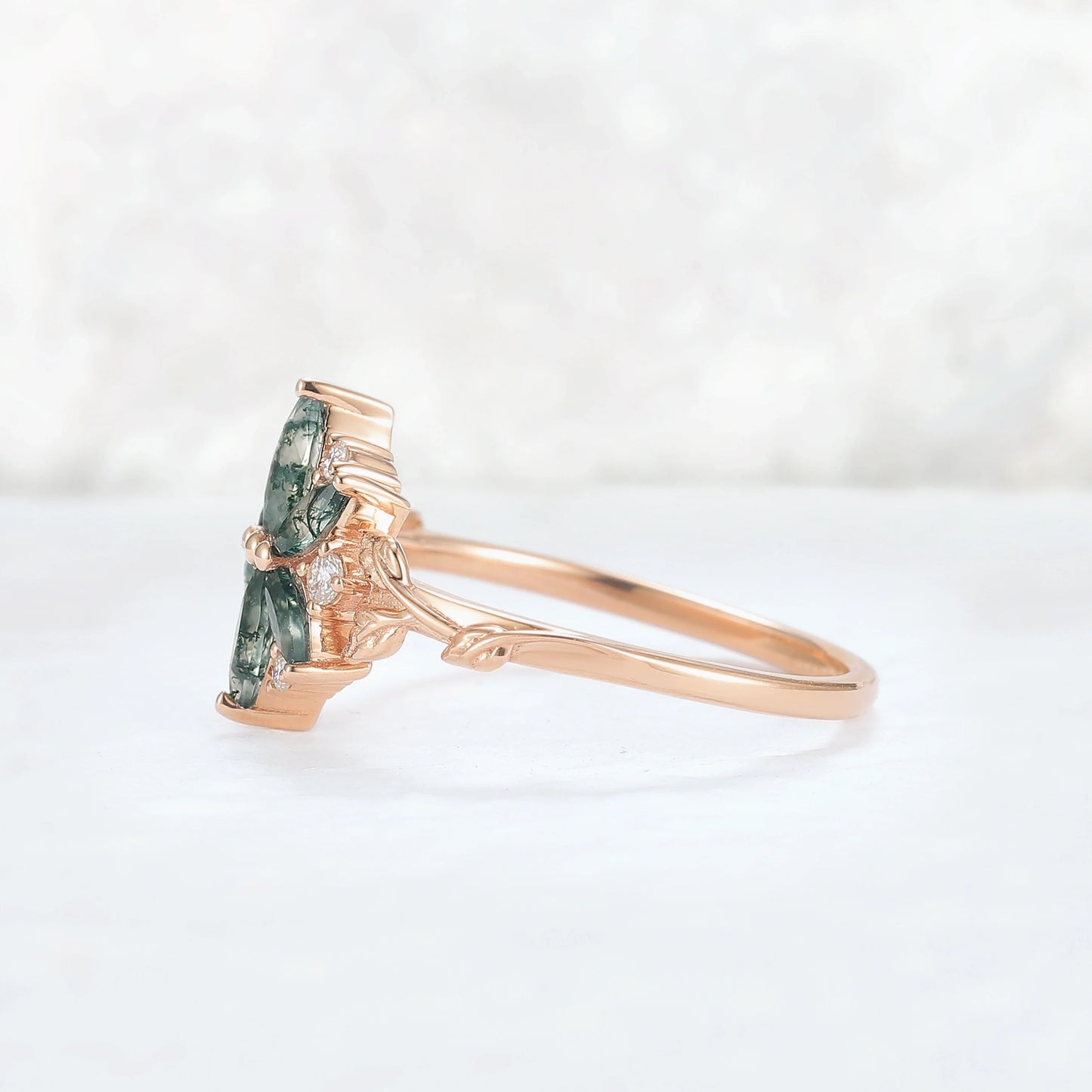 Nature Inspired Marquise Moss Agate Ring with Moissanite and Floral Leaf Design