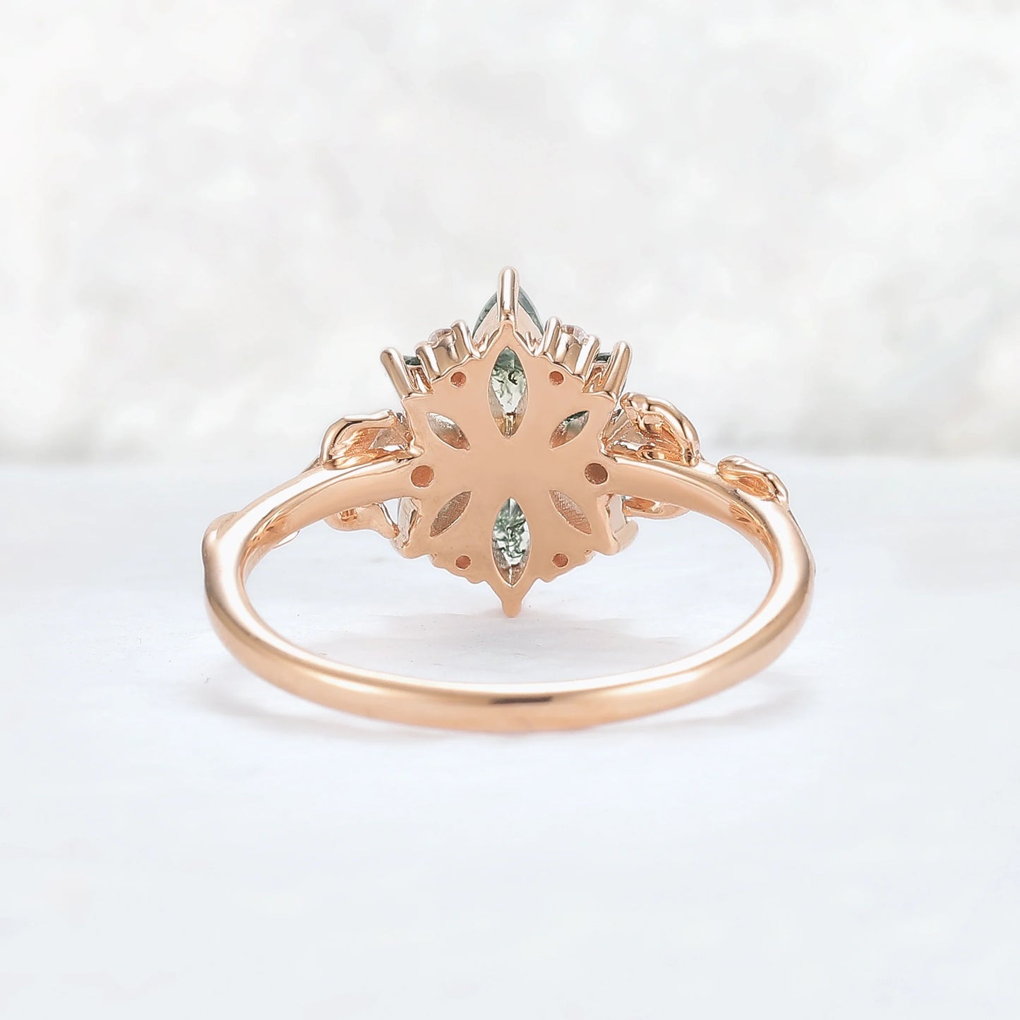 Nature Inspired Marquise Moss Agate Ring with Moissanite and Floral Leaf Design