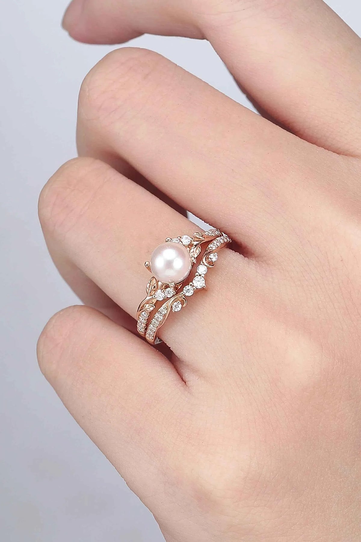 Nature Inspired Natural Pearl Leafy Gemstone Ring Set 2pcs