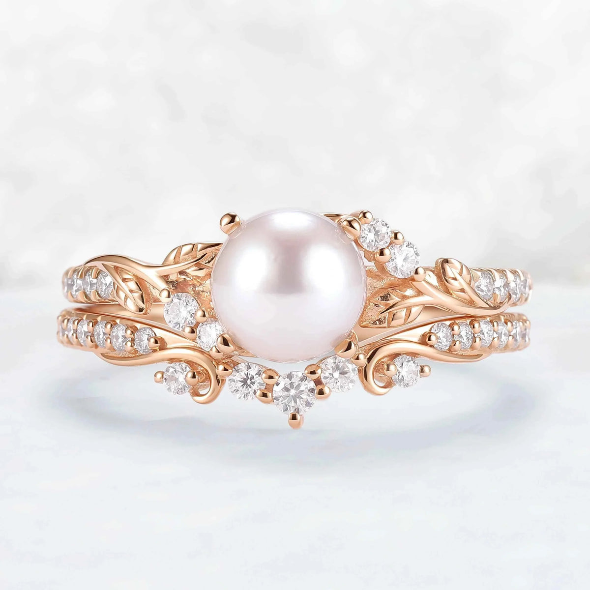 Nature Inspired Natural Pearl Leafy Gemstone Ring Set 2pcs