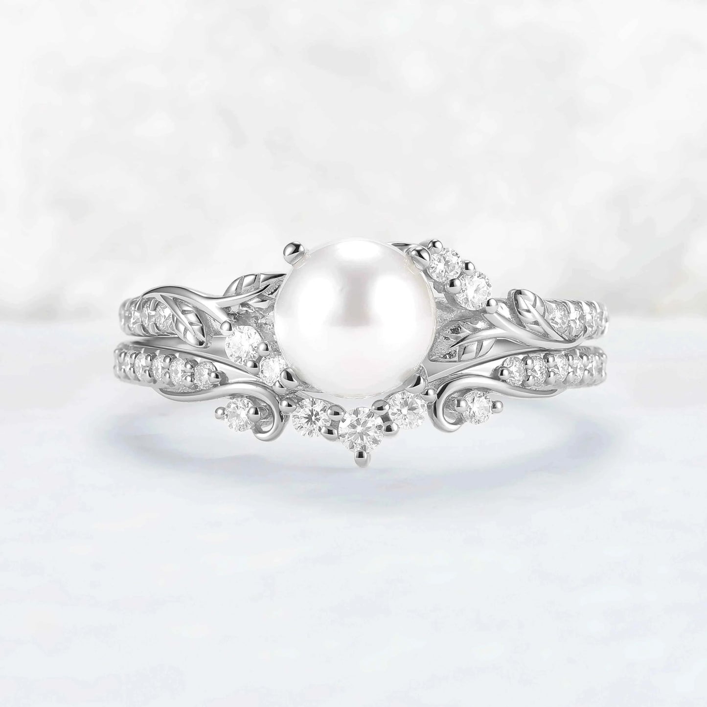 Nature Inspired Natural Pearl Leafy Gemstone Ring Set 2pcs