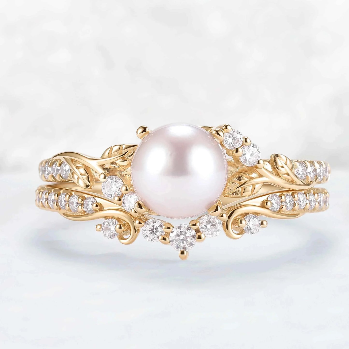 Nature Inspired Natural Pearl Leafy Gemstone Ring Set 2pcs