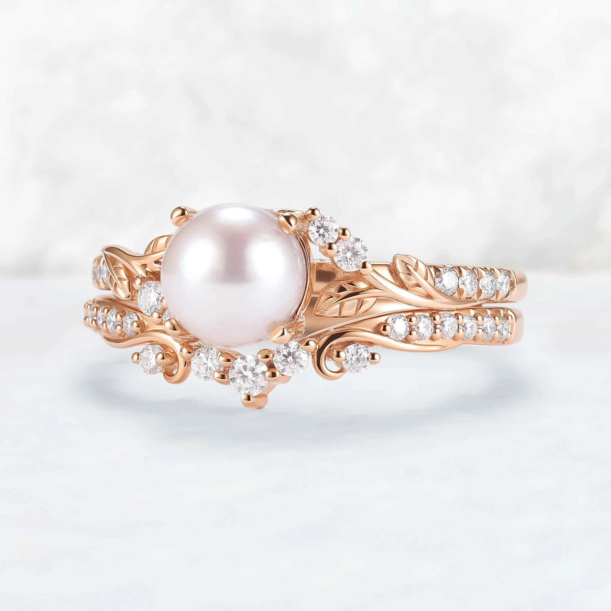 Nature Inspired Natural Pearl Leafy Gemstone Ring Set 2pcs