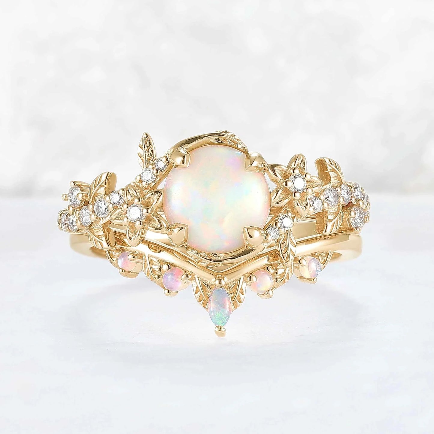 Nature Inspired Opal Flora & Leafy Gemstone Ring Set 2pcs
