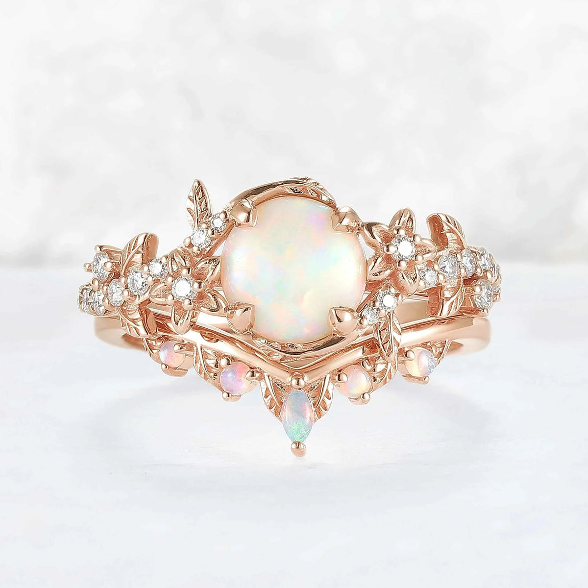 Nature Inspired Opal Flora & Leafy Gemstone Ring Set 2pcs