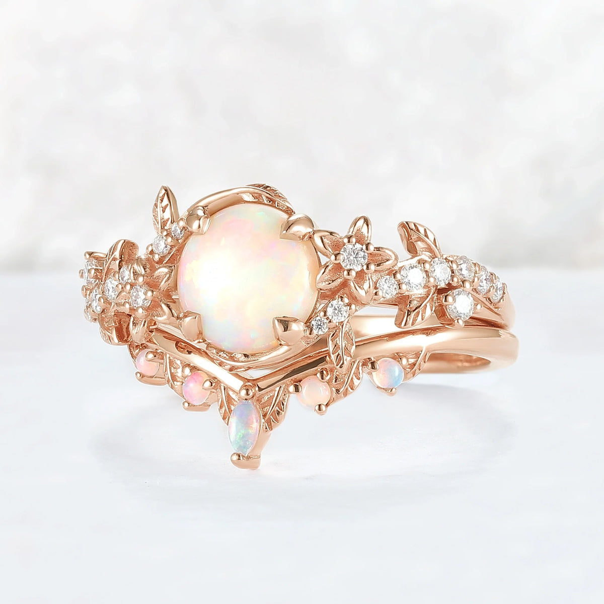 Nature Inspired Opal Flora & Leafy Gemstone Ring Set 2pcs