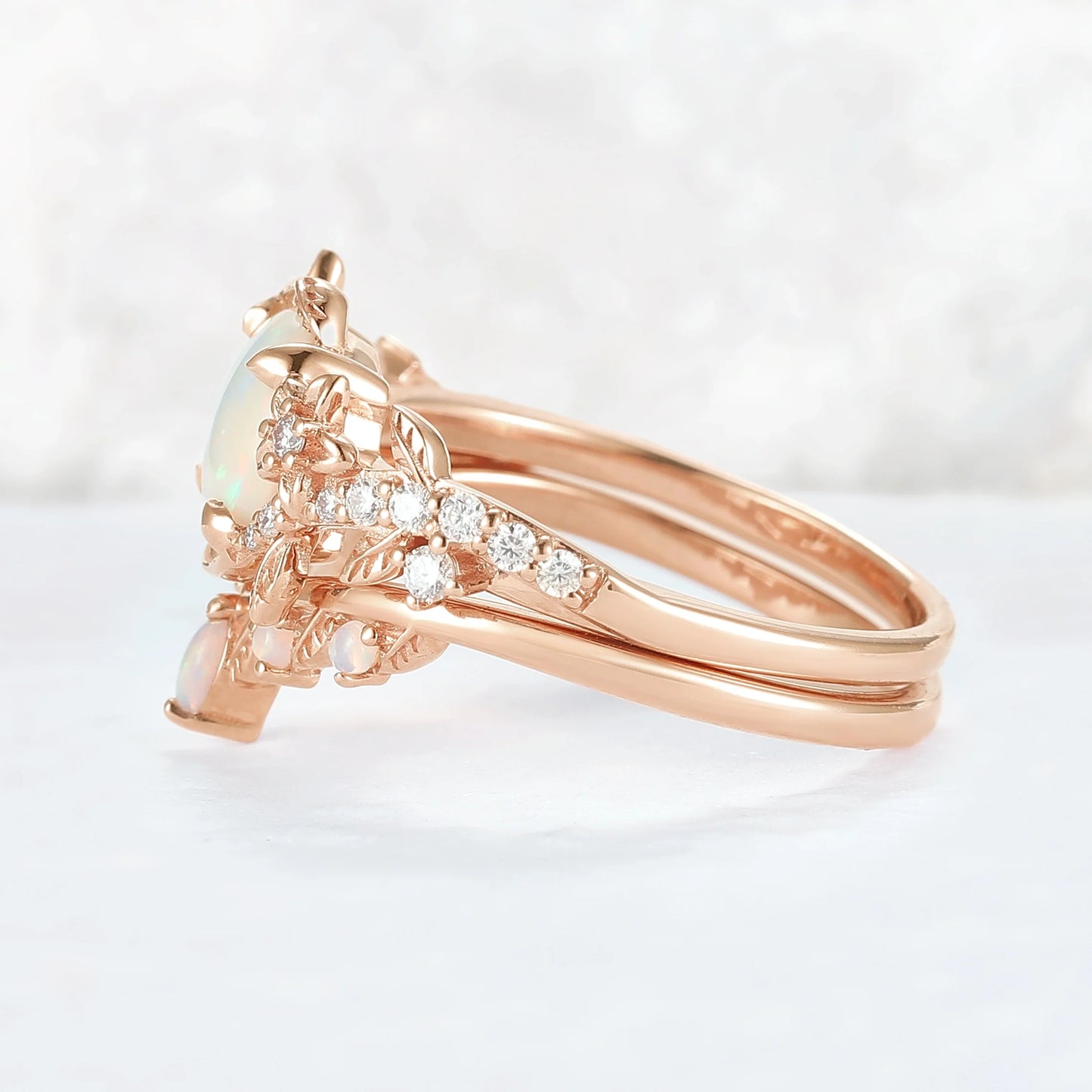 Nature Inspired Opal Flora & Leafy Gemstone Ring Set 2pcs