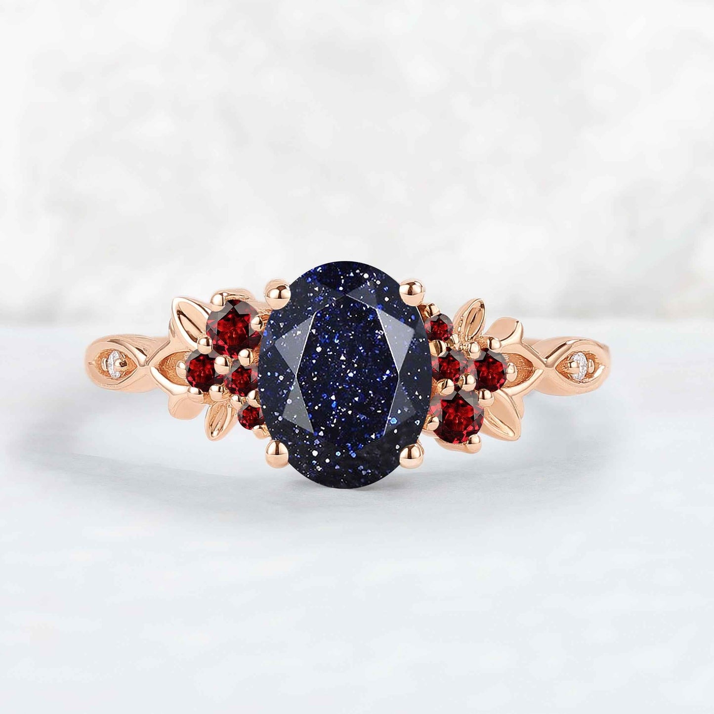 Nature Inspired Oval Cut Blue Star Sand Leaf Gemstone Ring