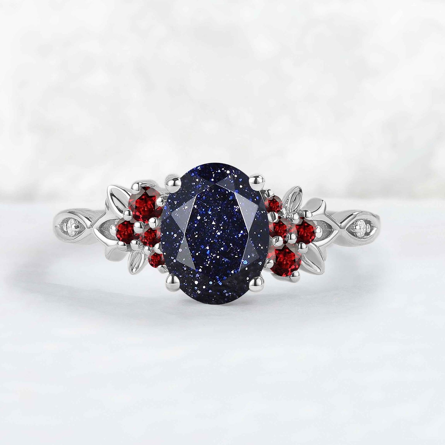 Nature Inspired Oval Cut Blue Star Sand Leaf Gemstone Ring