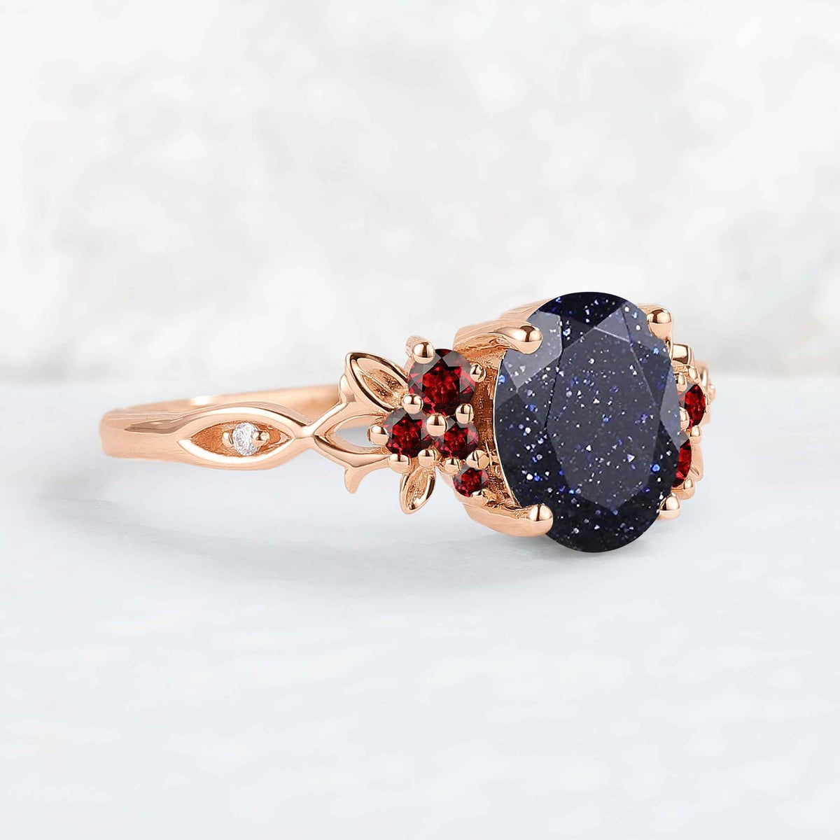 Nature Inspired Oval Cut Blue Star Sand Leaf Gemstone Ring