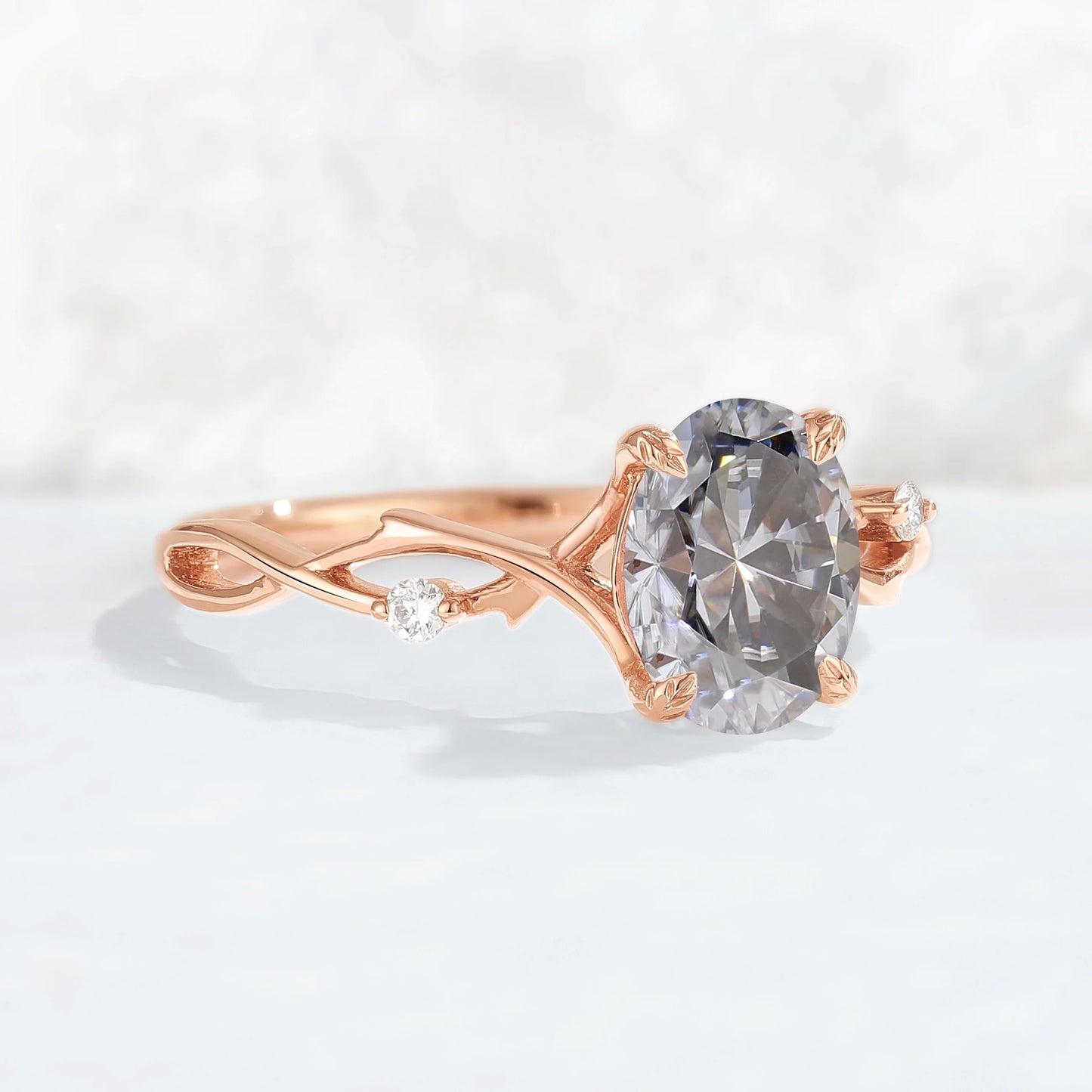 Nature Inspired Oval Cut Grey Moissanite Twist Vine Engagement Ring