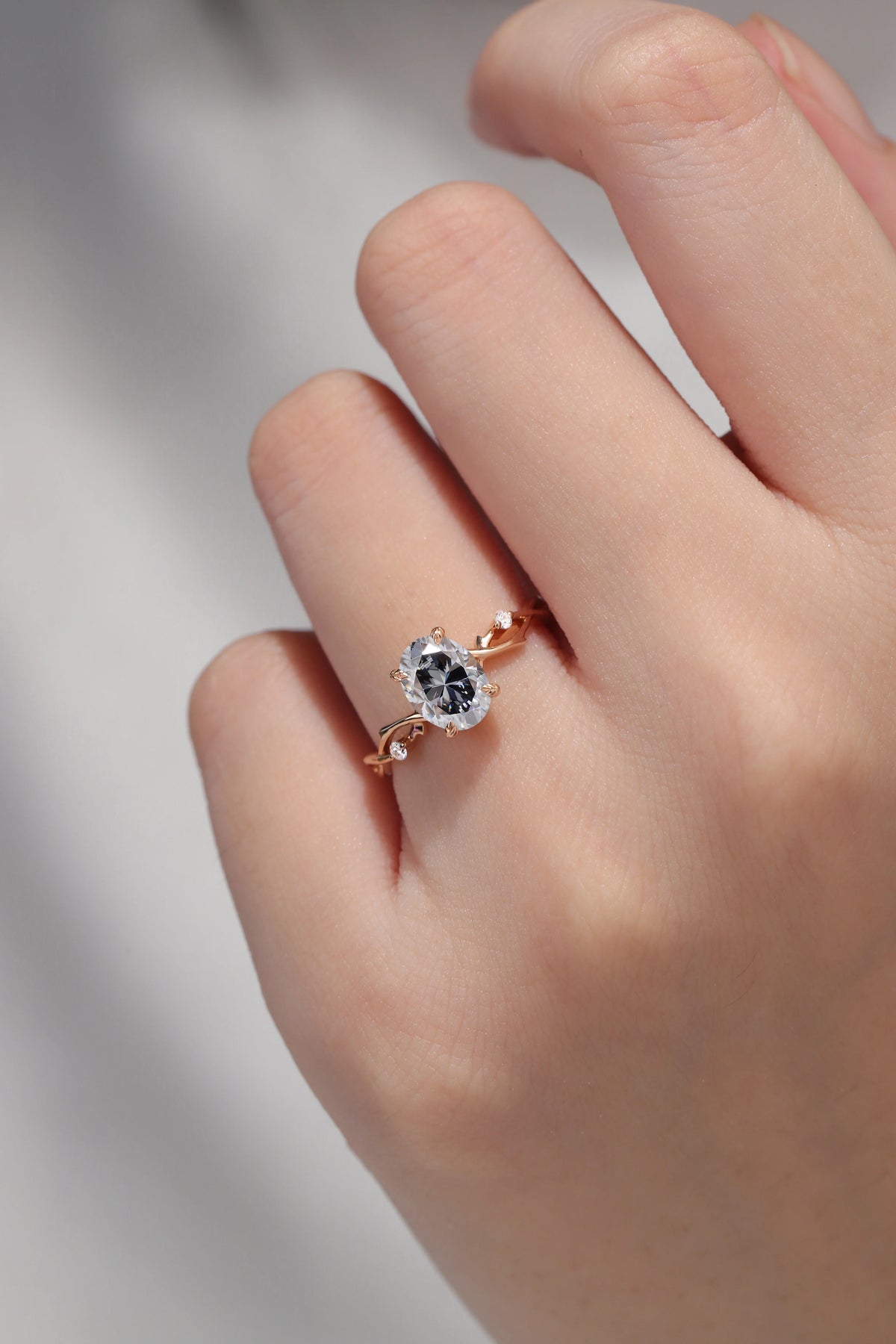 Nature Inspired Oval Cut Grey Moissanite Twist Vine Engagement Ring
