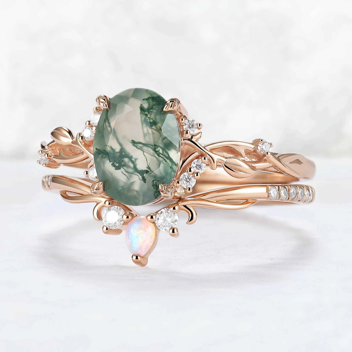 Nature Inspired Oval Cut Moss Agate Gemstone Ring Set 2pcs