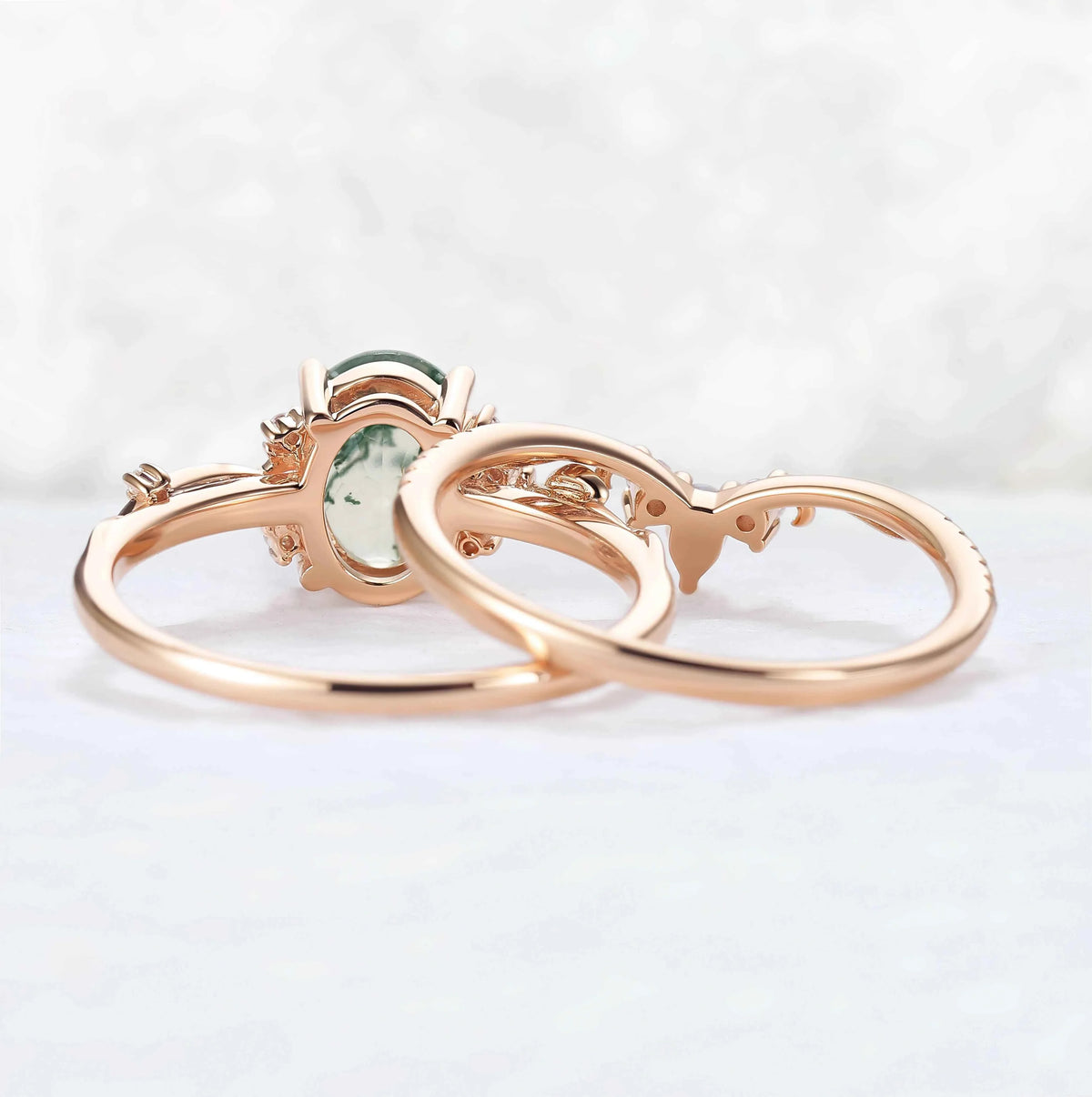 Nature Inspired Oval Cut Moss Agate Gemstone Ring Set 2pcs