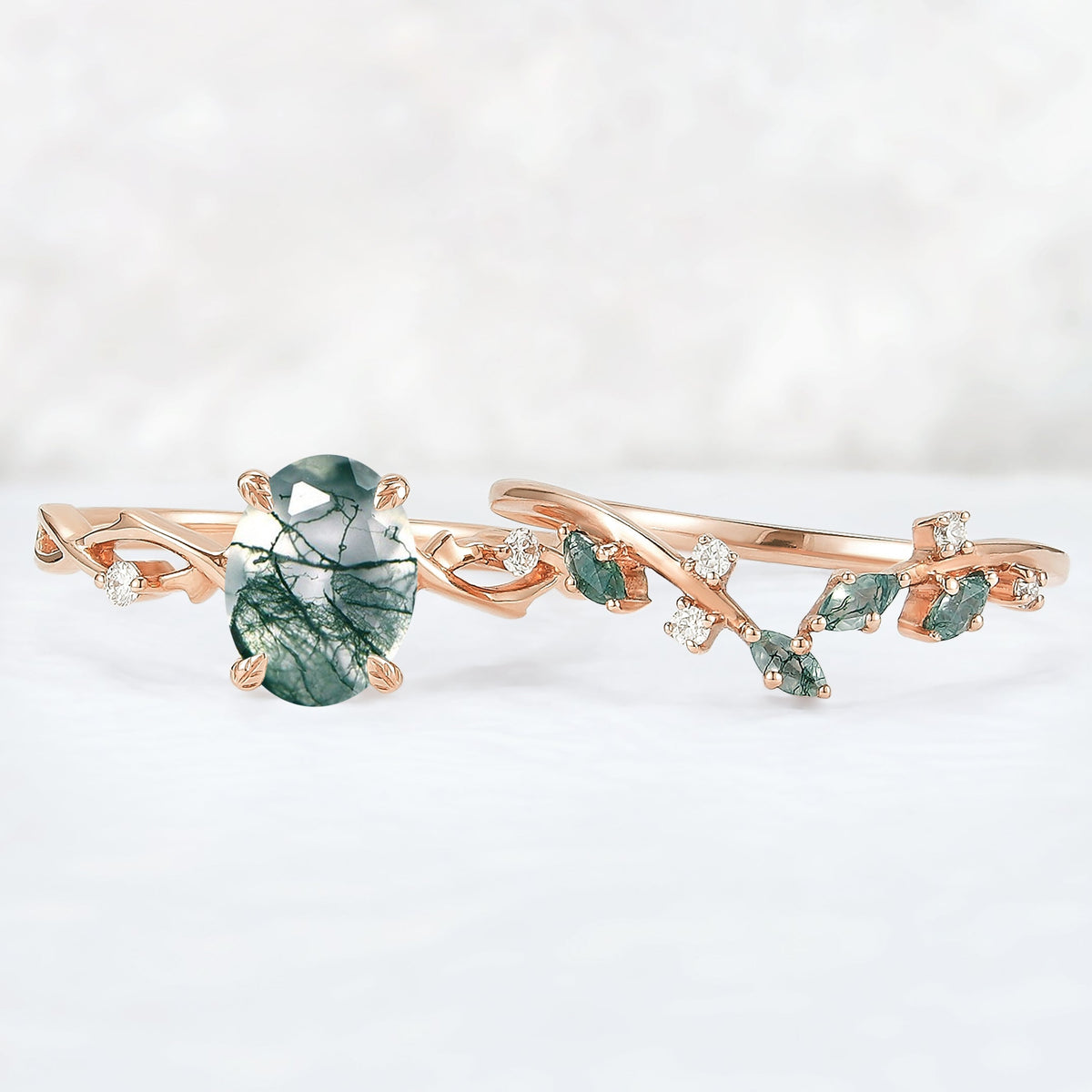 Nature Inspired Oval Cut Moss Agate Leaf and Twig Ring Set 2pcs