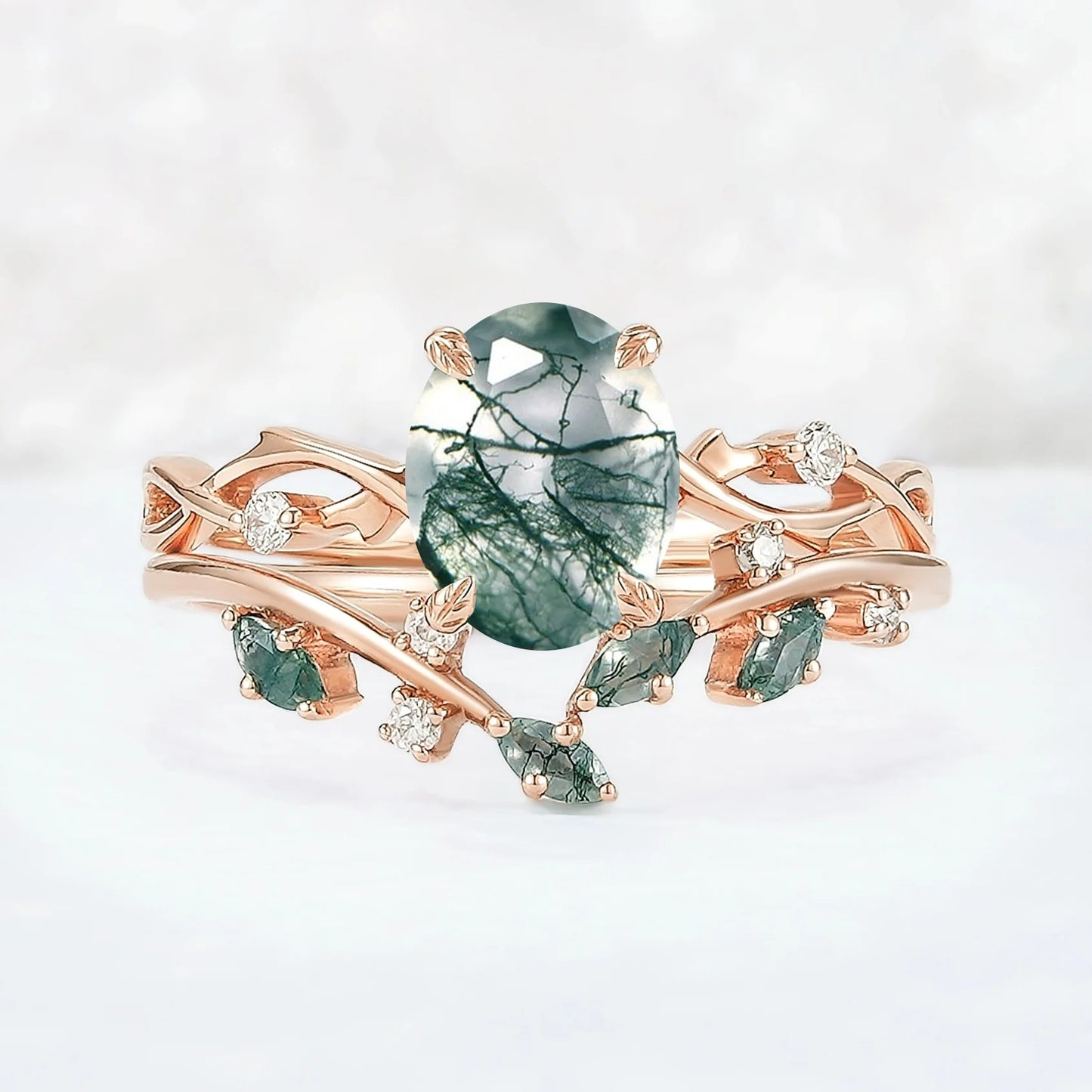 Nature Inspired Oval Cut Moss Agate Leaf and Twig Ring Set 2pcs