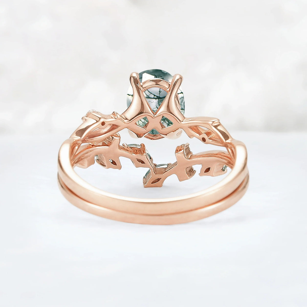 Nature Inspired Oval Cut Moss Agate Leaf and Twig Ring Set 2pcs