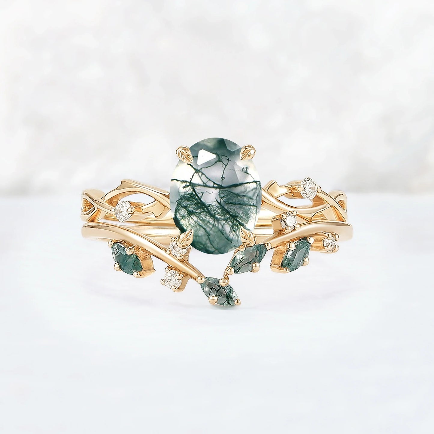 Nature Inspired Oval Cut Moss Agate Leaf and Twig Ring Set 2pcs