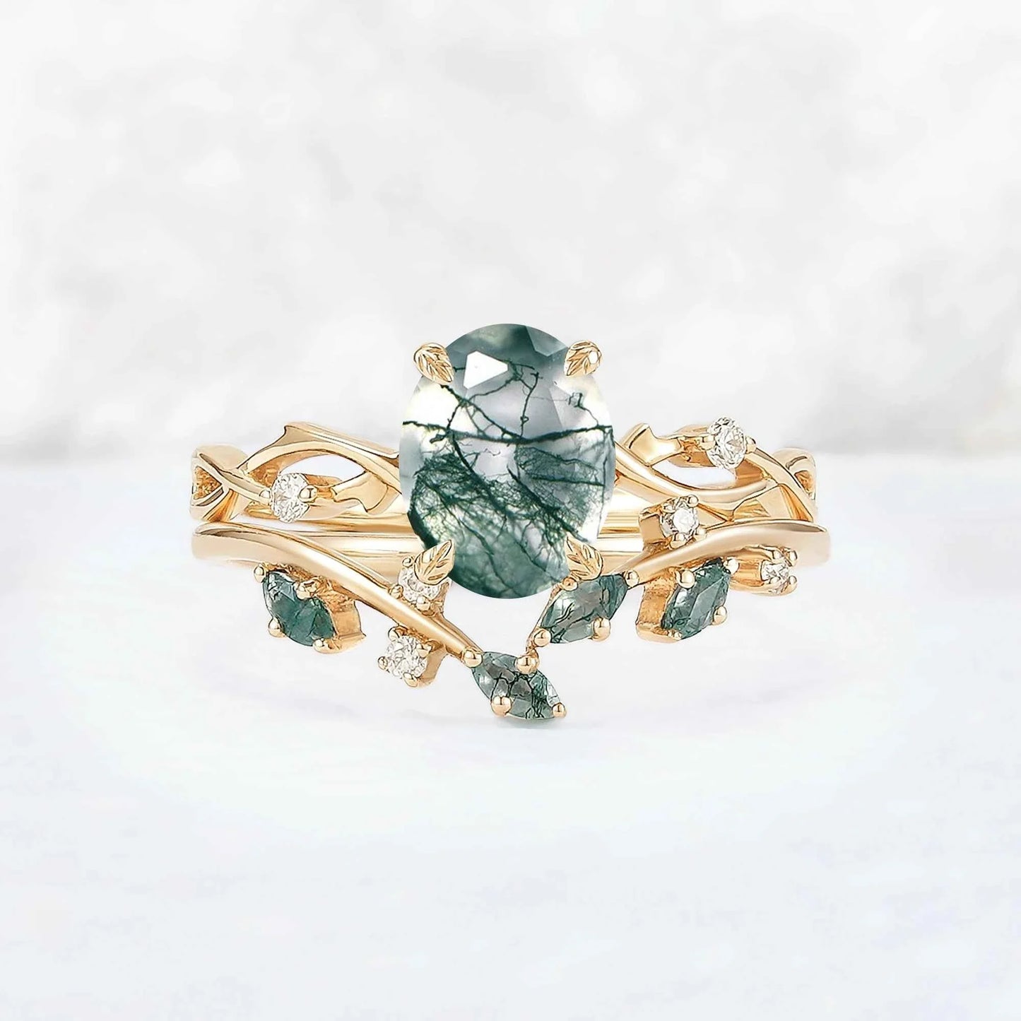 Nature Inspired Oval Cut Moss Agate Vine Design Silver Ring Set 2pcs