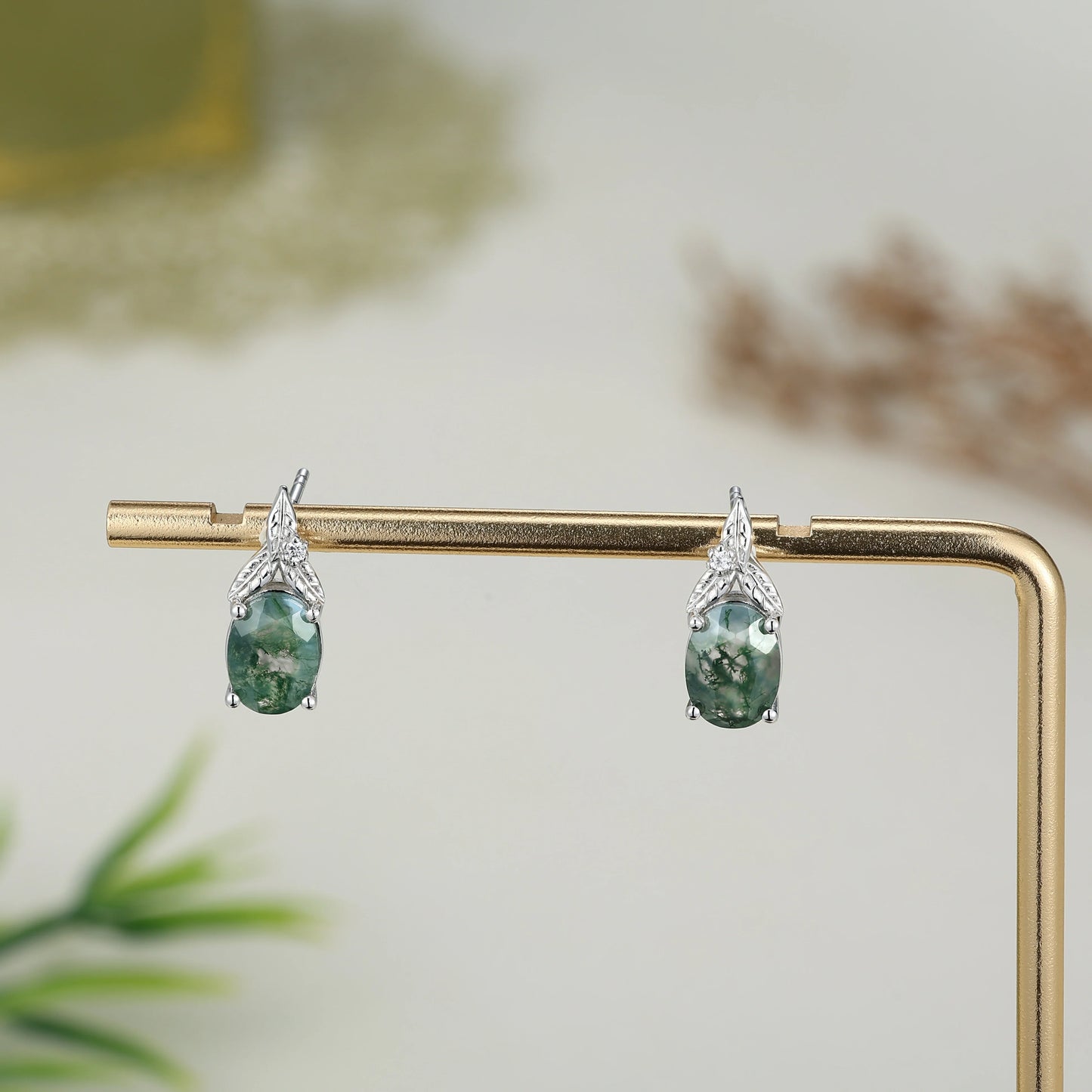 Nature Inspired Oval Cut Moss Agate Leafy Earrings