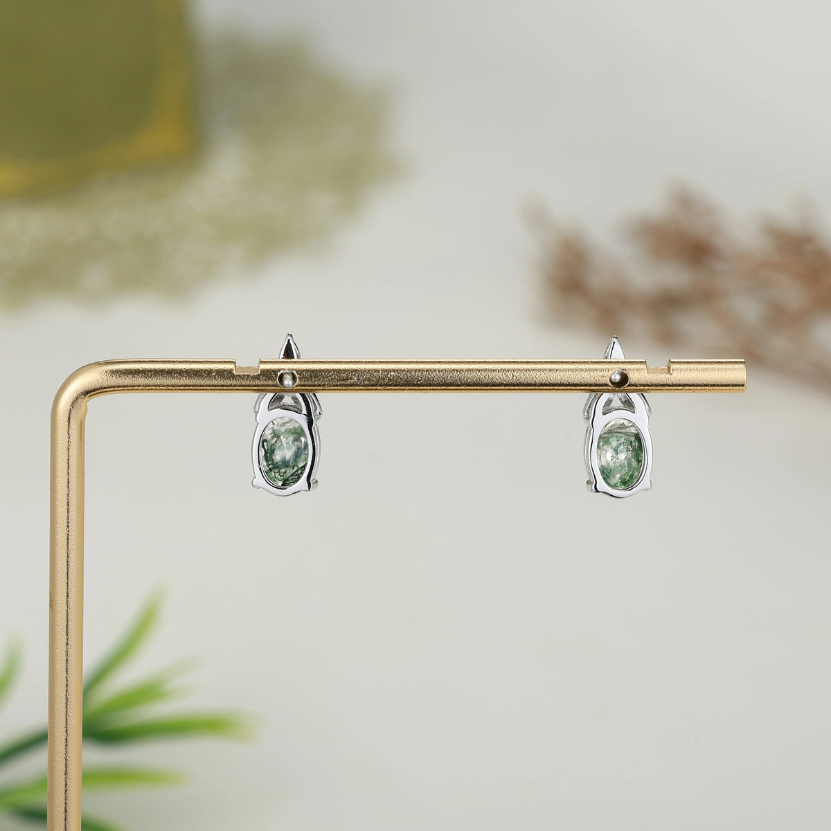 Nature Inspired Oval Cut Moss Agate Leafy Earrings