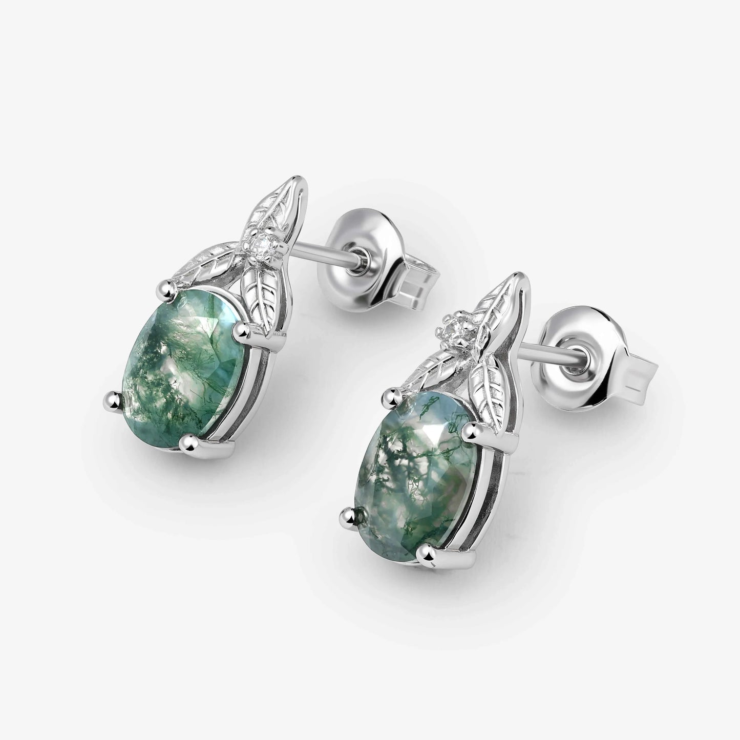 Nature Inspired Oval Cut Moss Agate Leafy Earrings - Ready to Ship