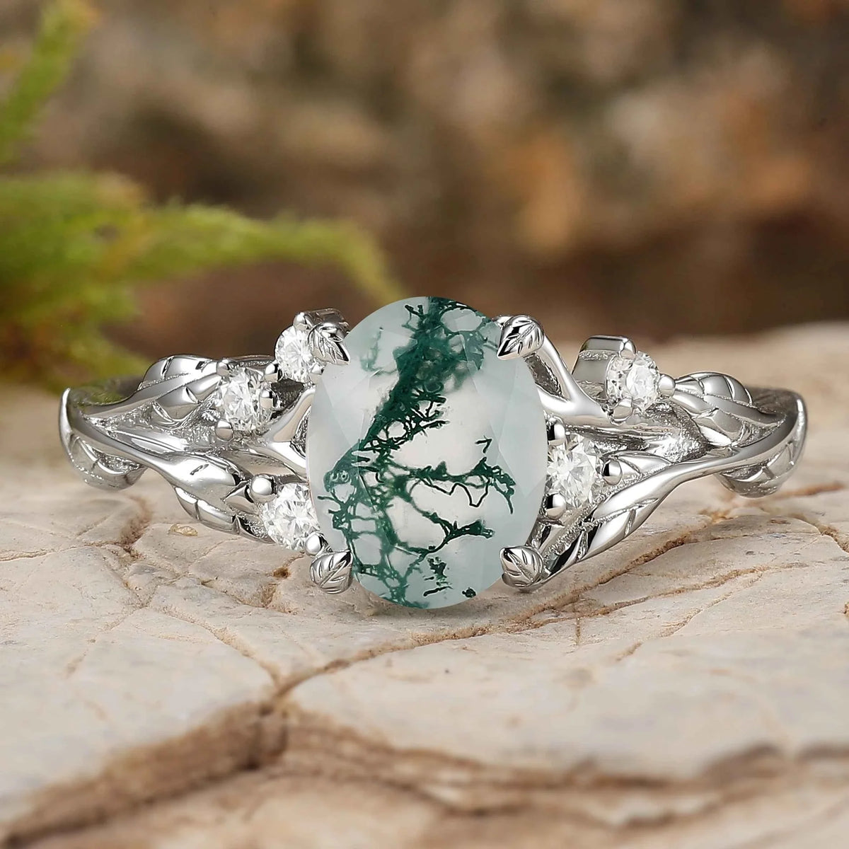 Nature Inspired Oval Cut Moss Agate Leafy Sterling Silver Ring