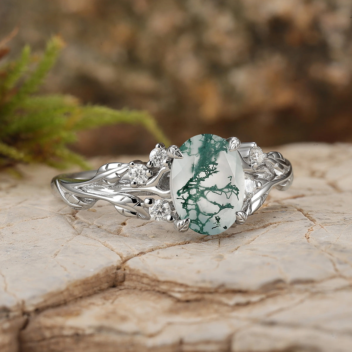Nature Inspired Oval Cut Moss Agate Leafy Sterling Silver Ring