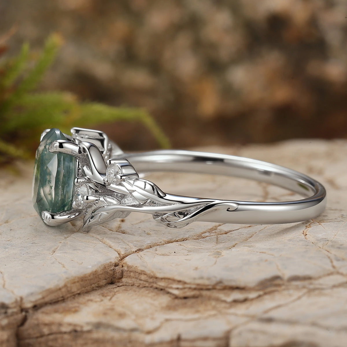 Nature Inspired Oval Cut Moss Agate Leafy Sterling Silver Ring