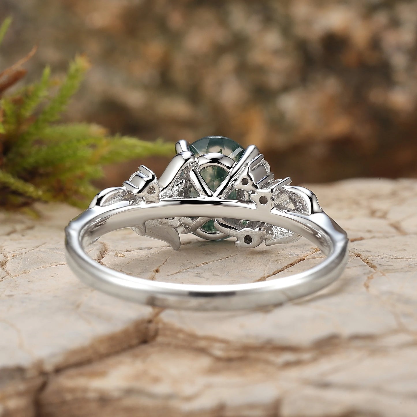 Nature Inspired Oval Cut Moss Agate Leafy Sterling Silver Ring