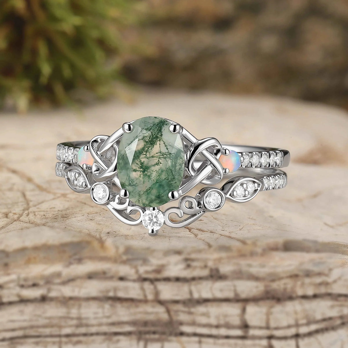 Nature Inspired Oval Cut Moss Agate Silver Engagement Ring Set 2pcs