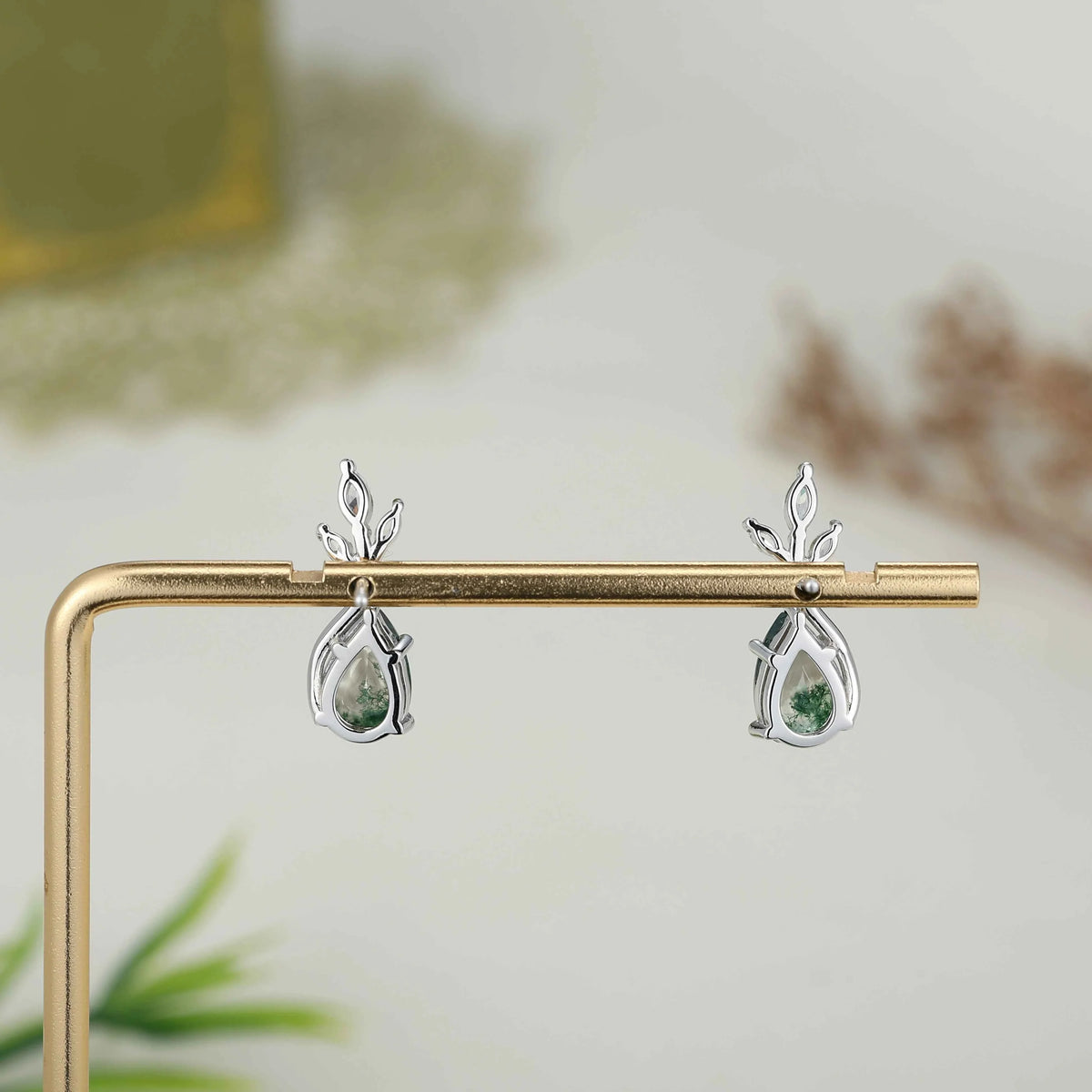 Nature Inspired Pear Cut Moss Agate with Moissanite Leafy Earrings - Ready to Ship