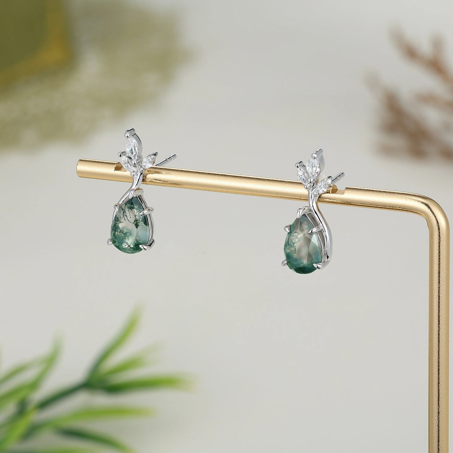 Nature Inspired Pear Cut Moss Agate with Moissanite Leafy Earrings - Ready to Ship