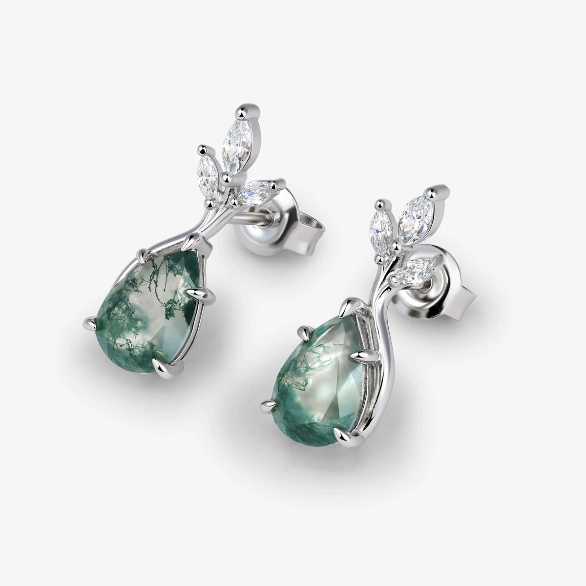 Nature Inspired Pear Cut Moss Agate with Moissanite Leafy Earrings