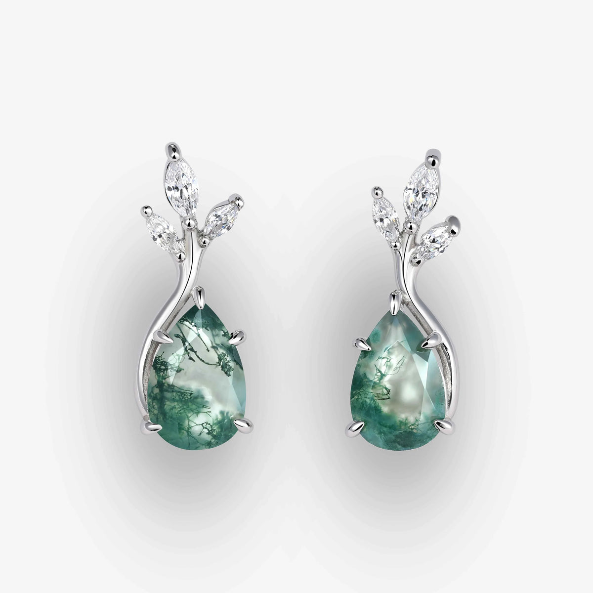 Nature Inspired Pear Cut Moss Agate with Moissanite Leafy Earrings - Ready to Ship