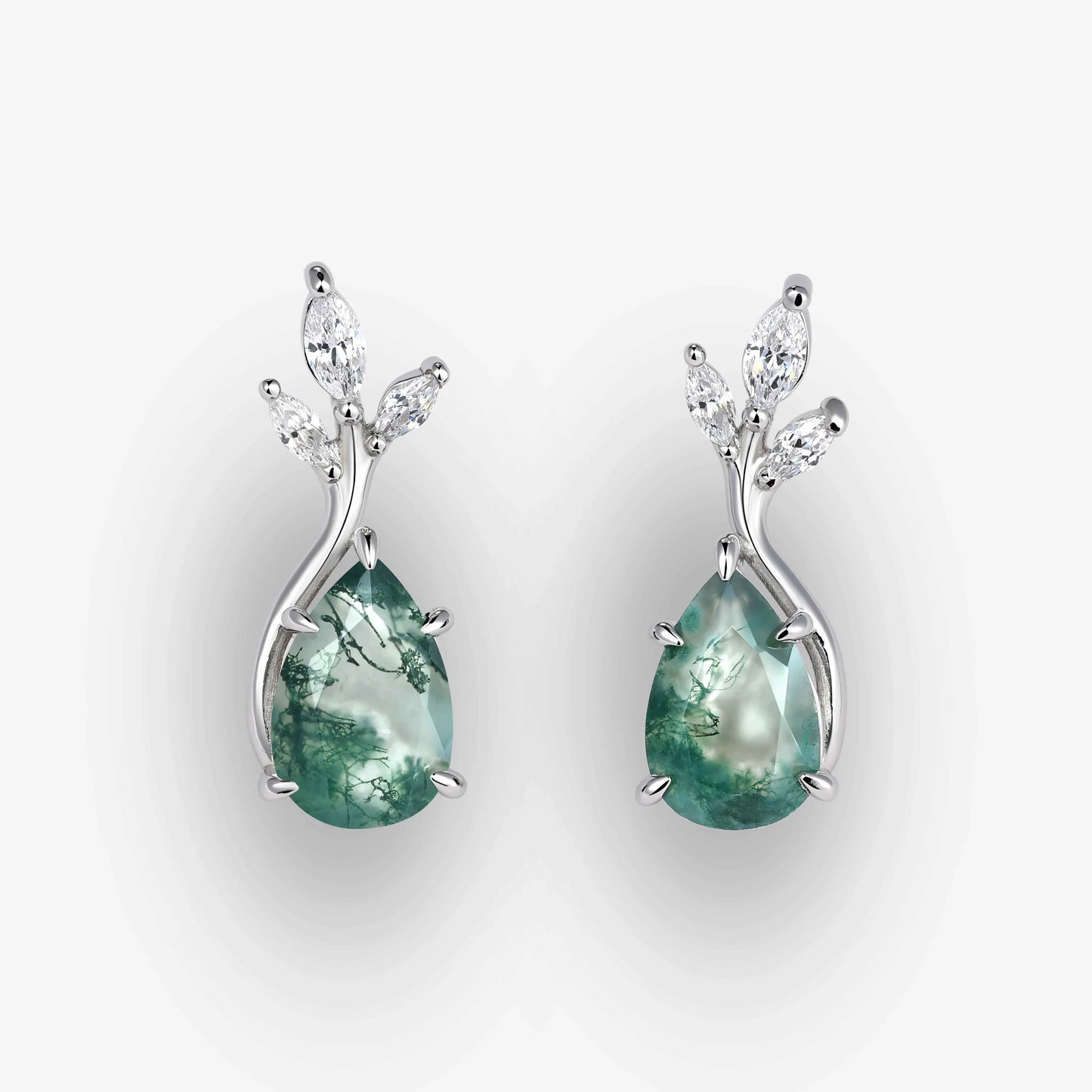 Nature Inspired Pear Cut Moss Agate with Moissanite Leafy Earrings