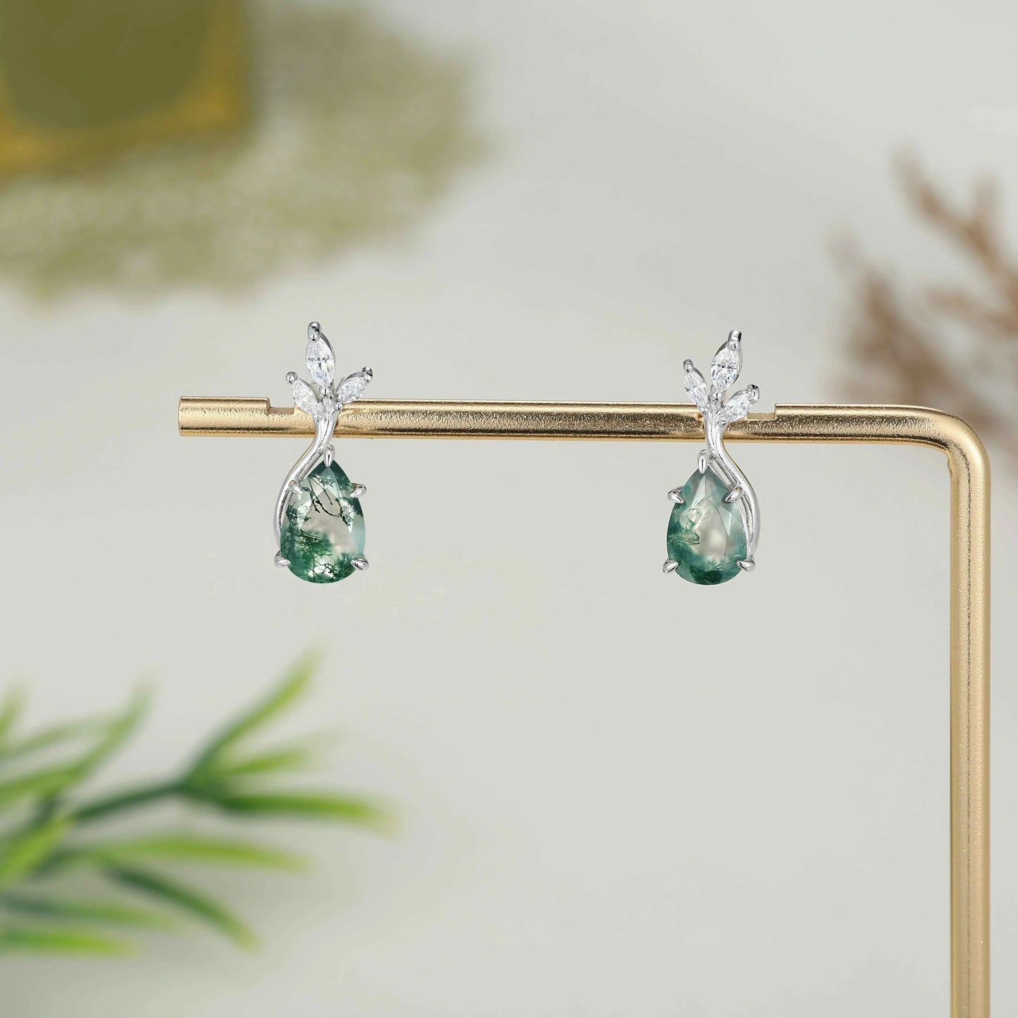 Nature Inspired Pear Cut Moss Agate with Moissanite Leafy Earrings