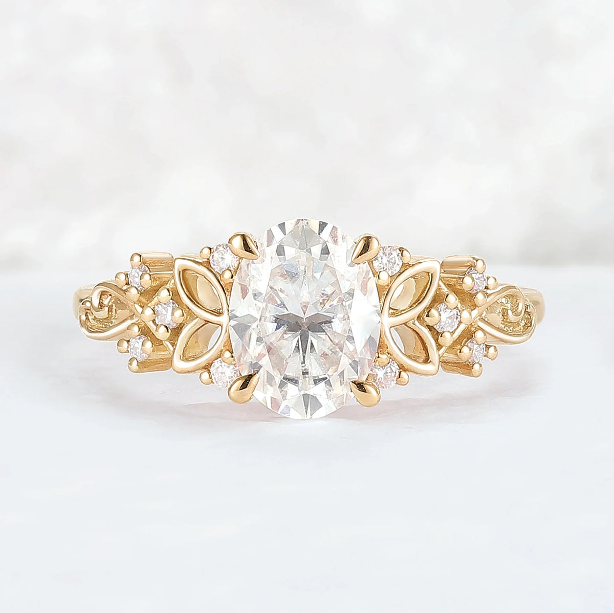 Nature Inspired Oval Moissanite Petal Shape Gemstone Ring