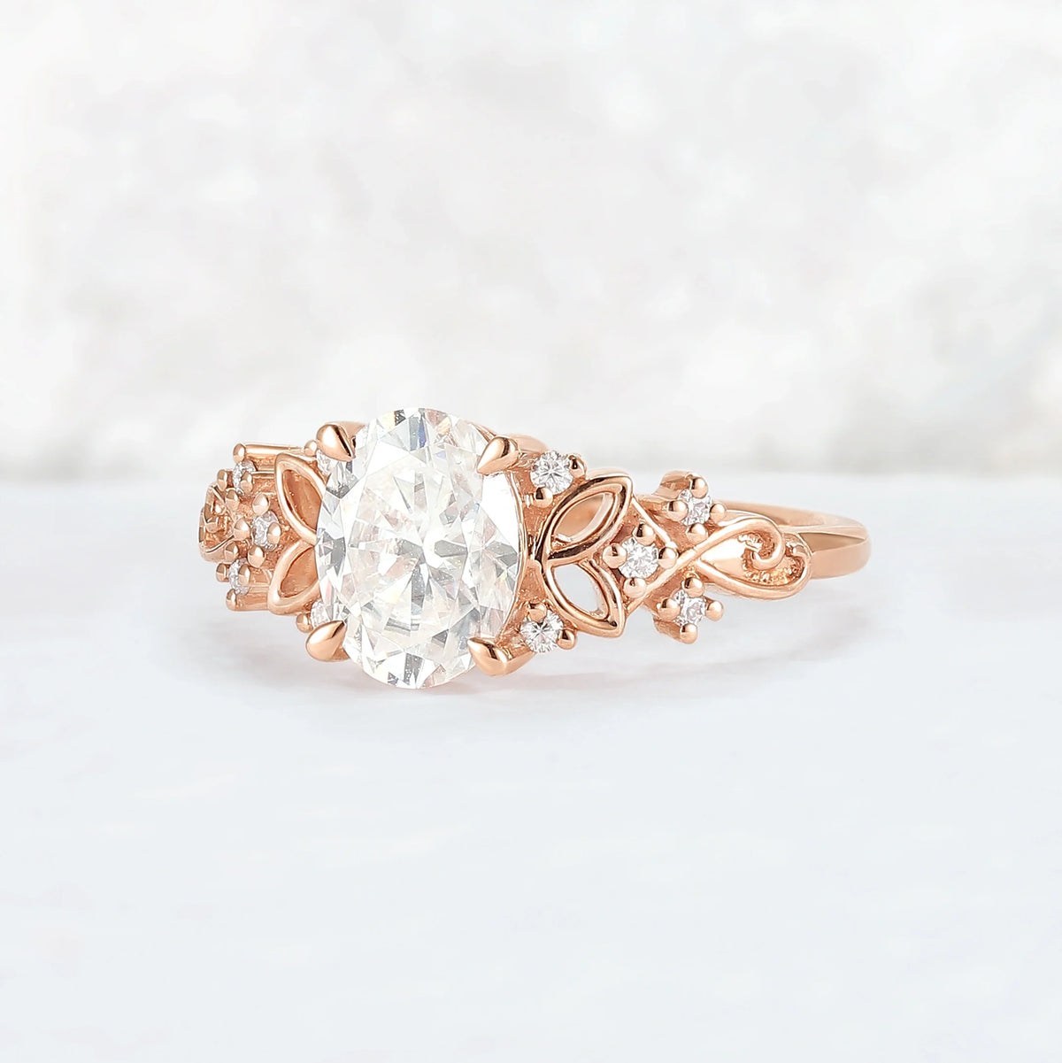 Nature Inspired Oval Moissanite Petal Shape Gemstone Ring